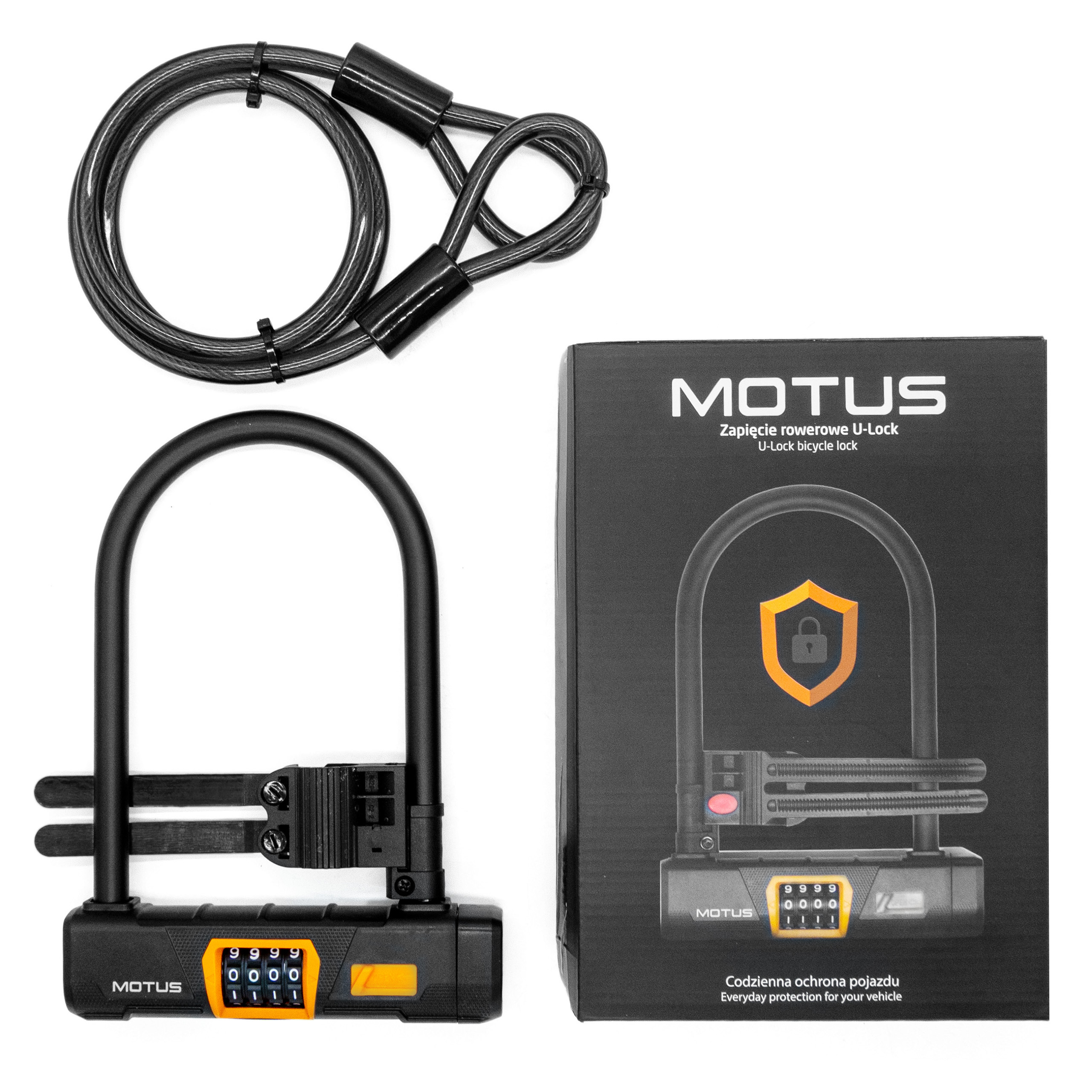 Un candado en U negro con cerradura de combinación y cable.