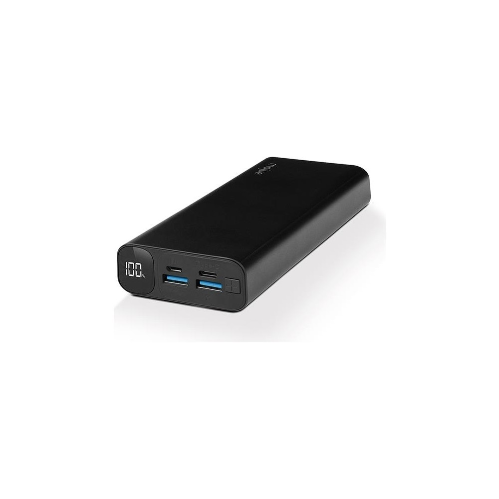 Siyah powerbank, %100 göstergeli ve USB-C bağlantı noktalı.