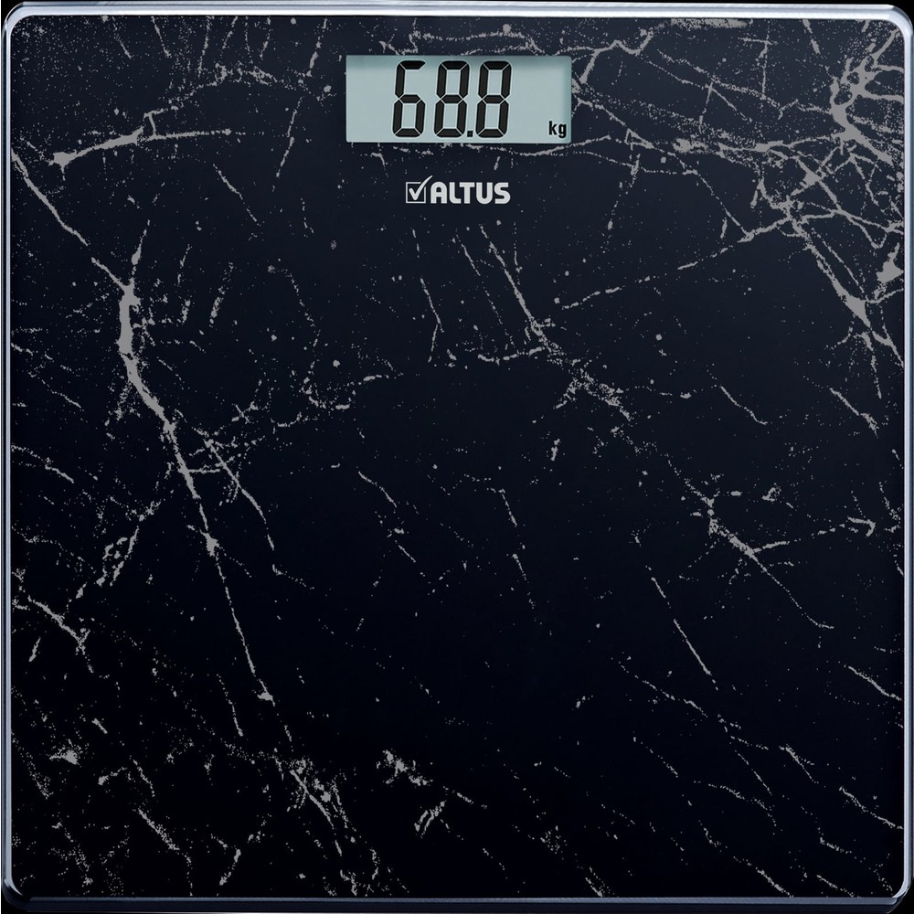 Siyah mermer desenli tartı, 68,8 kg gösteriyor.
