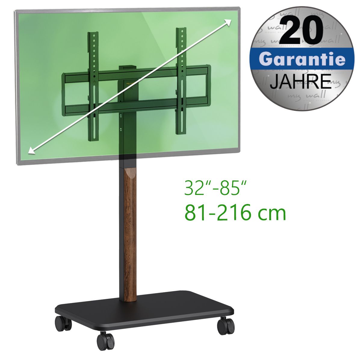 Mobiler TV-Ständer mit Holzschaft, 32-85 Zoll, 20 Jahre Garantie.