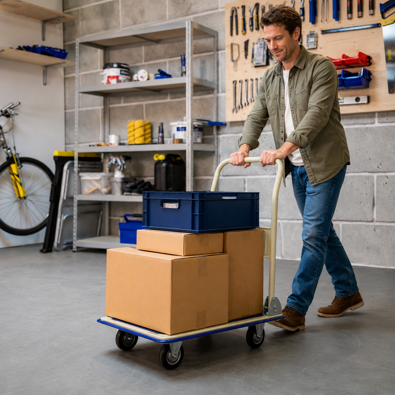 Man pushing cart with boxes and a blue crate in a garage.