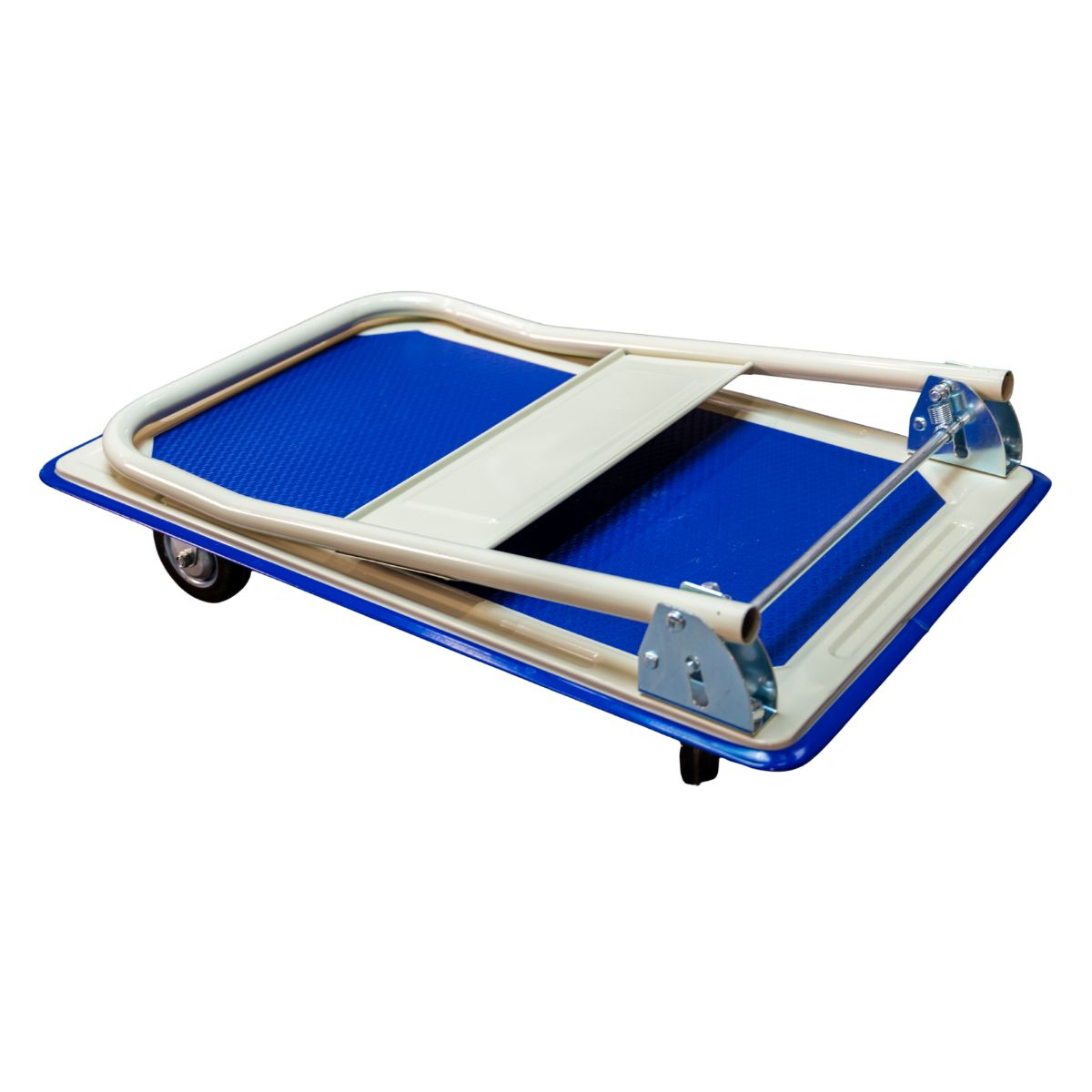 A foldable blue and white hand truck with two wheels on a white background.