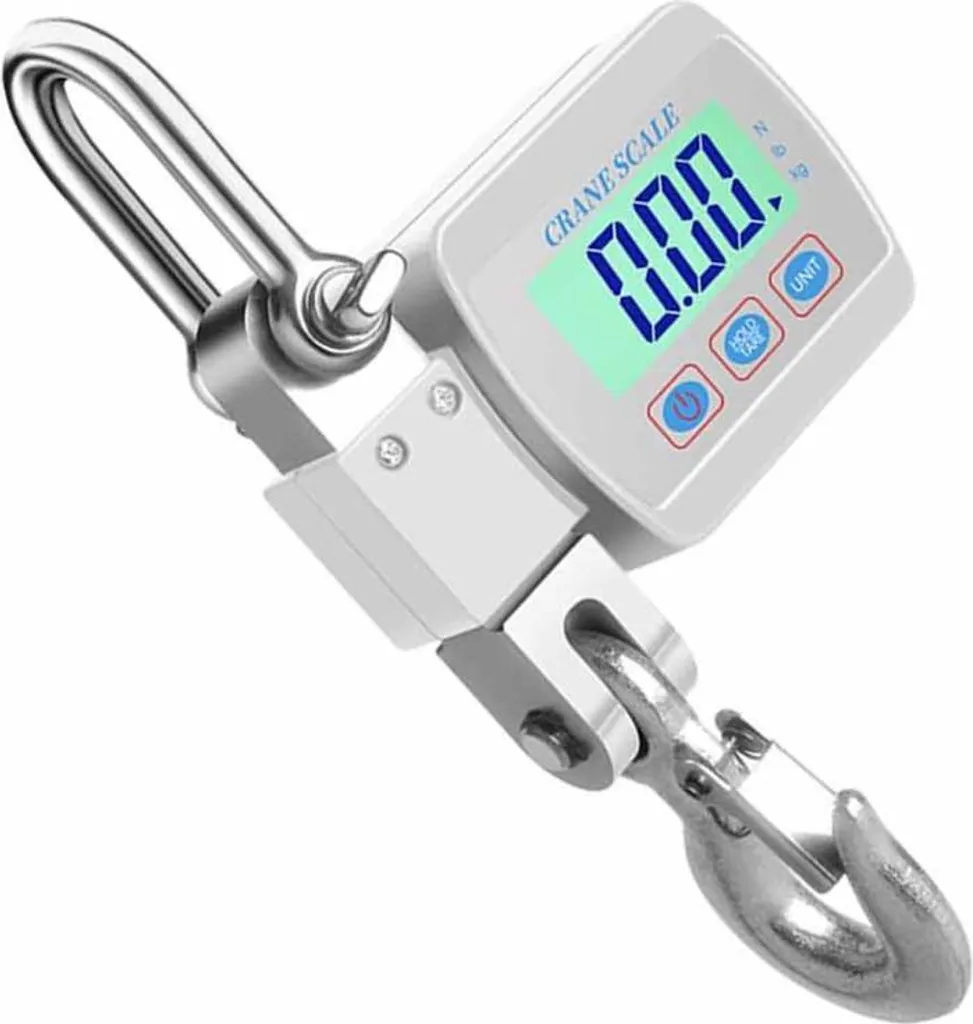 Eine weiße digitale Kranwaage mit Haken und einer Anzeige von 0.00.