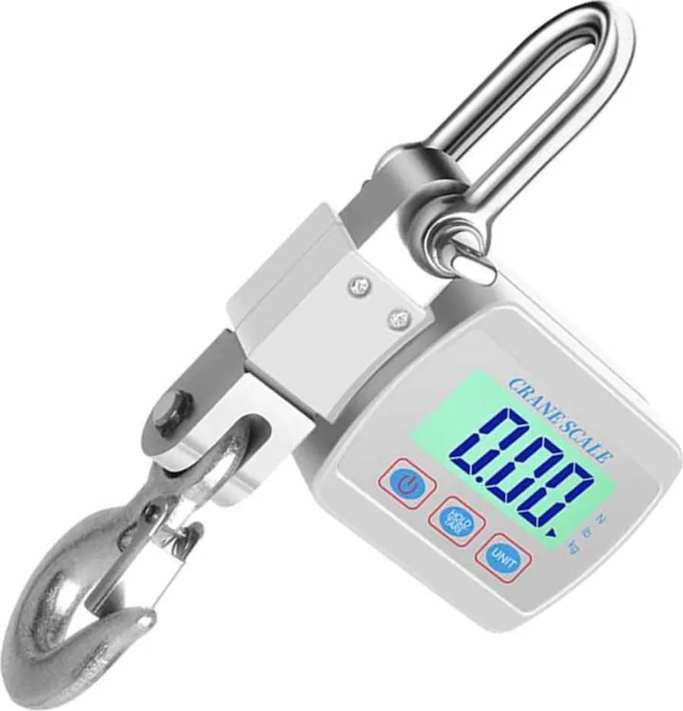 Digitale Kranwaage mit Haken und Digitalanzeige, die 0,00 anzeigt.