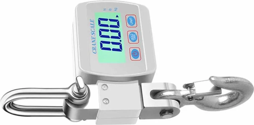 Eine digitale Kranwaage mit Haken und Schäkel, die 0,00 anzeigt.
