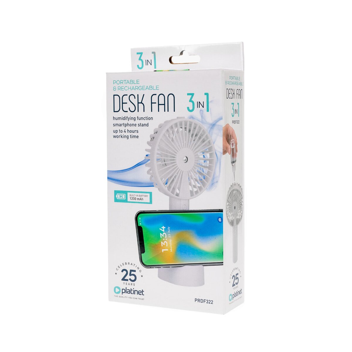 3-in-1 Schreibtischventilator-Verpackung mit Lüfter, Handy-Ständer, Luftbefeuchter, Akku-Infos.