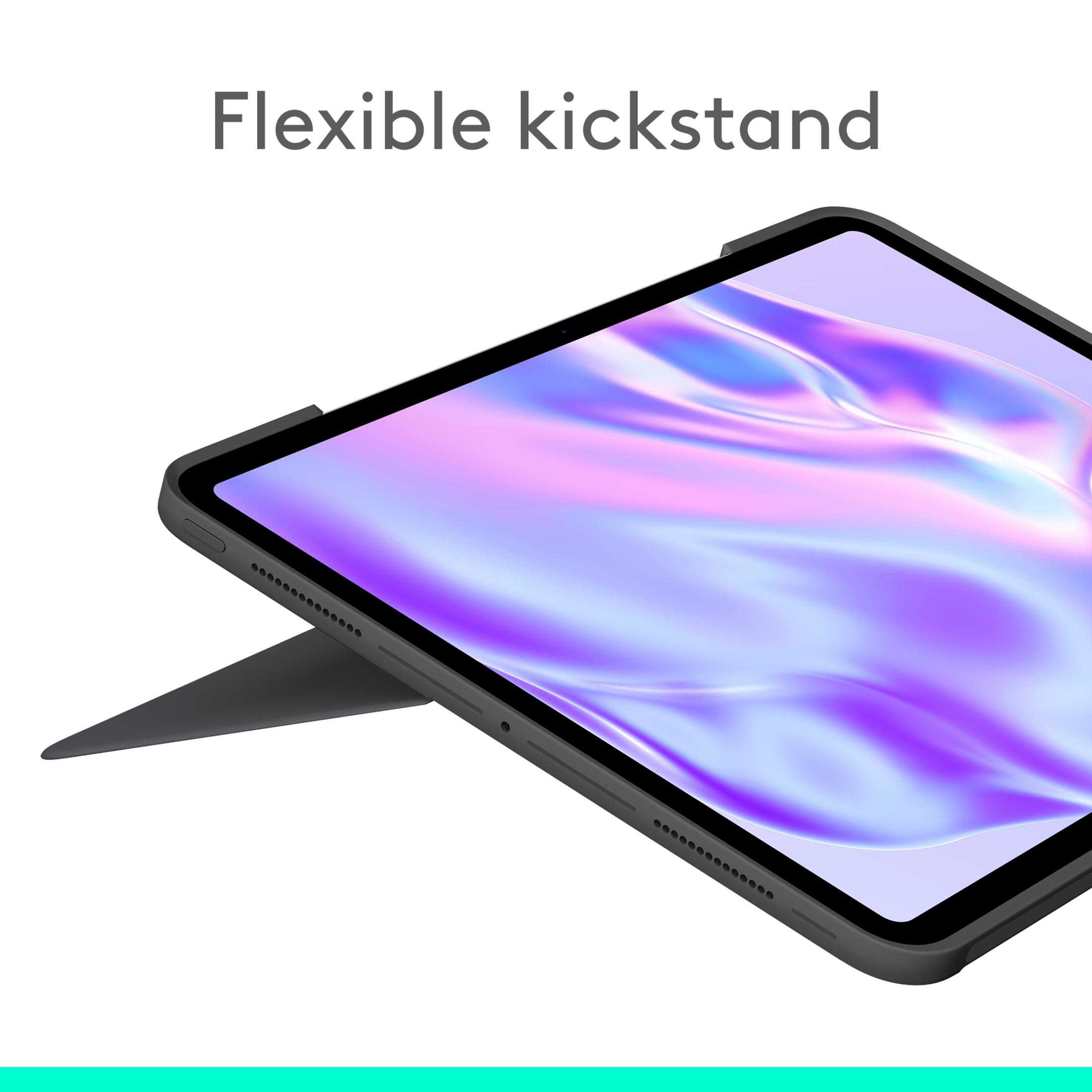 Graues Tablet mit flexiblem Ständer und lila-blauem Hintergrund.