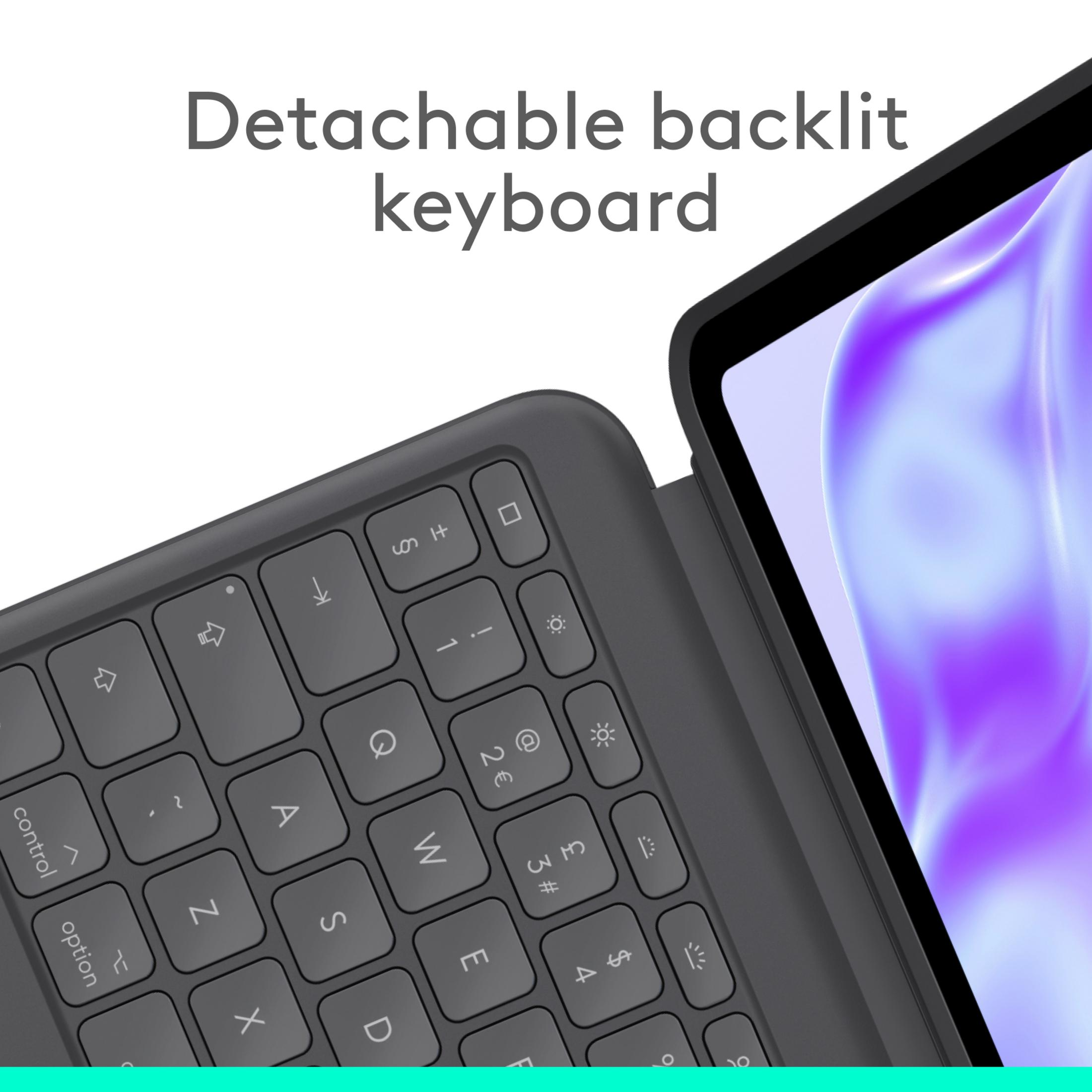 Abnehmbare Tastatur mit Hintergrundbeleuchtung und einem Tablet-Bildschirm.