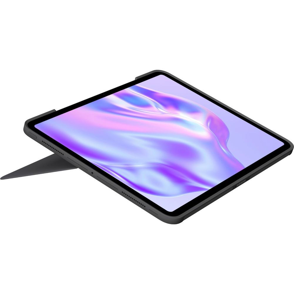 Ein Tablet mit einem grauen Ständer und einem flüssig wirkenden Hintergrund auf dem Bildschirm.