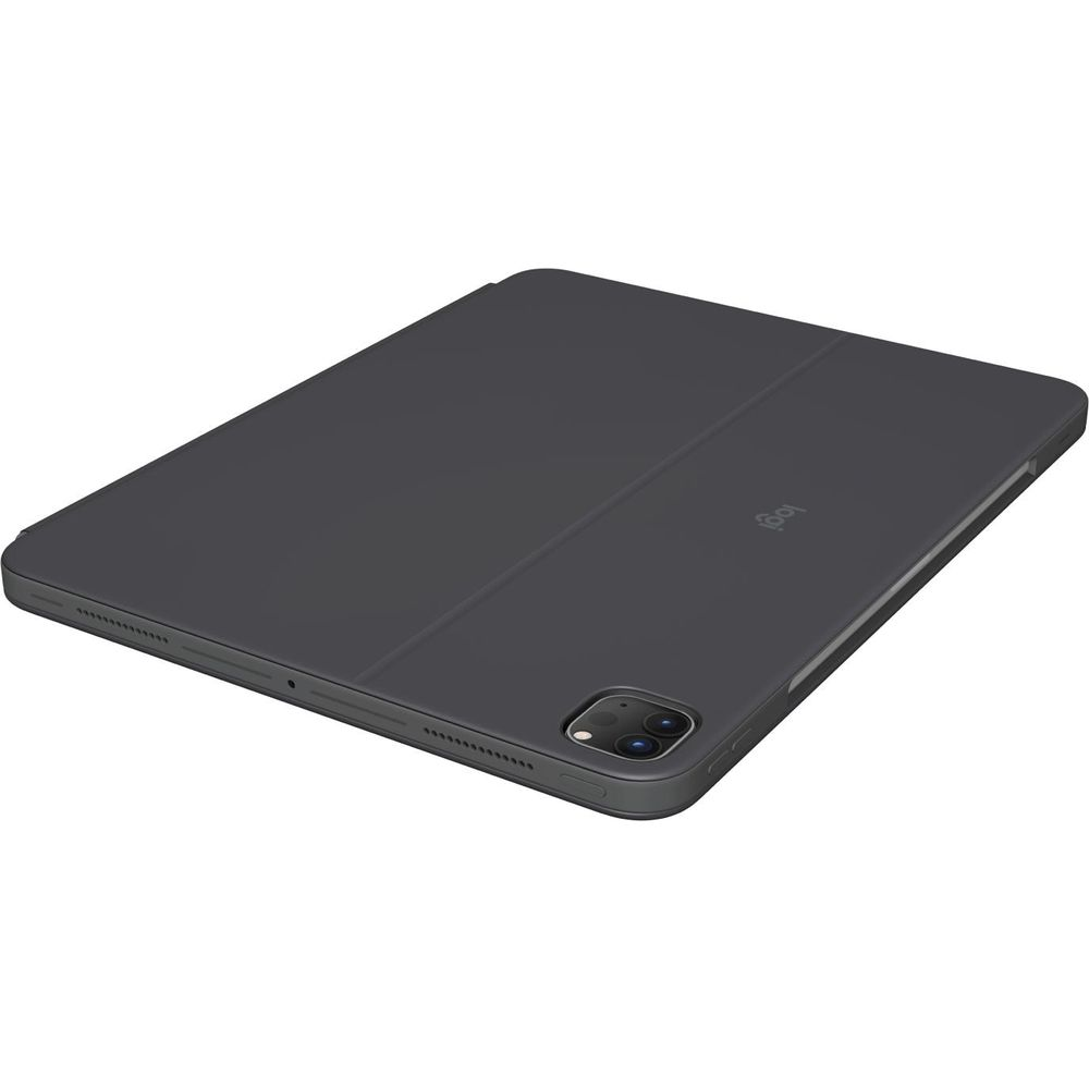 Dunkelgraues Tablet mit Hülle, Kamera und Logitech-Logo.