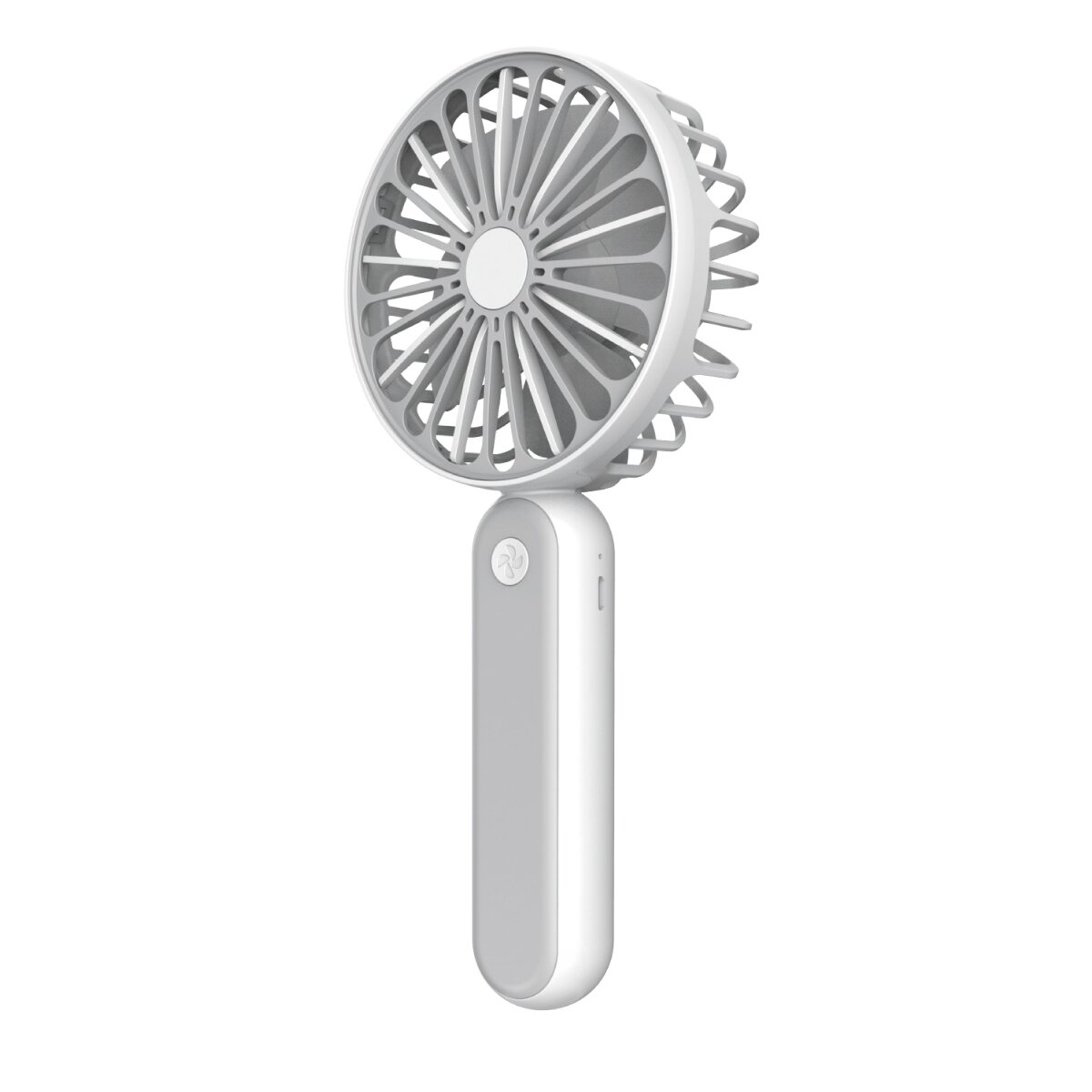 Ein weißer und grauer tragbarer Handventilator mit rundem Gitter und langem Griff.