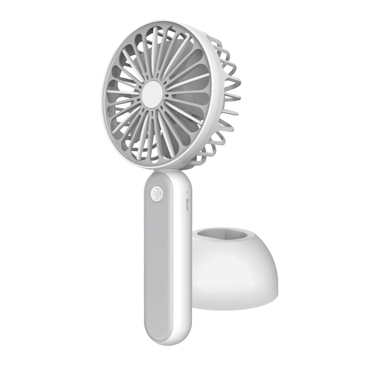 Ein weißer Handventilator mit grauem Gitter und Griff, der in einer Basis sitzt.