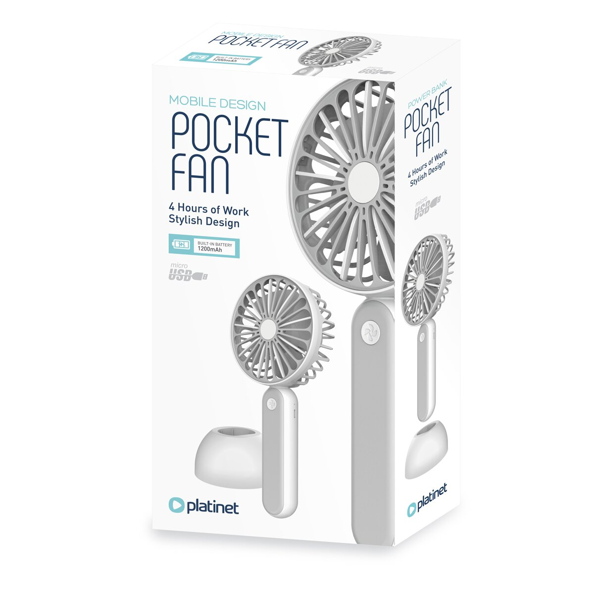 Verpackung eines weißen Handventilators mit Ladeständer und Micro-USB-Anschluss.