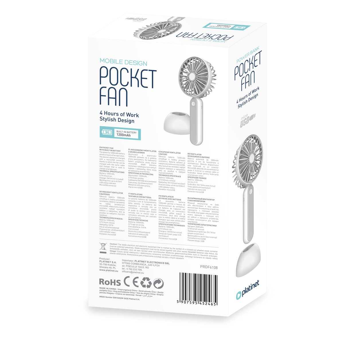 Ein weißer, tragbarer Lüfter mit "Pocket Fan"-Logo. Enthält Text und Spezifikationen.