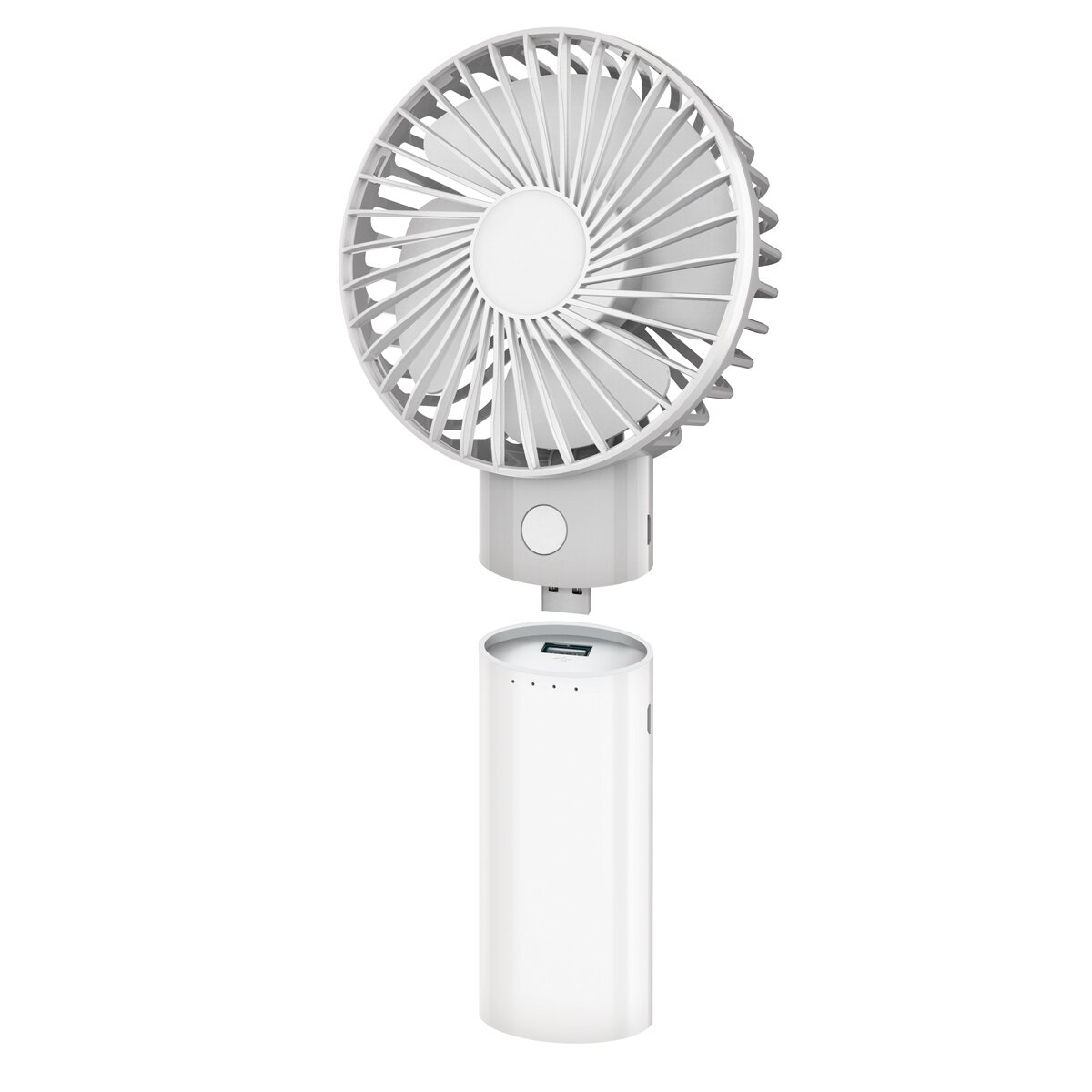 Ein weißer, tragbarer Ventilator mit abnehmbarem Griff und Ladeanschluss.