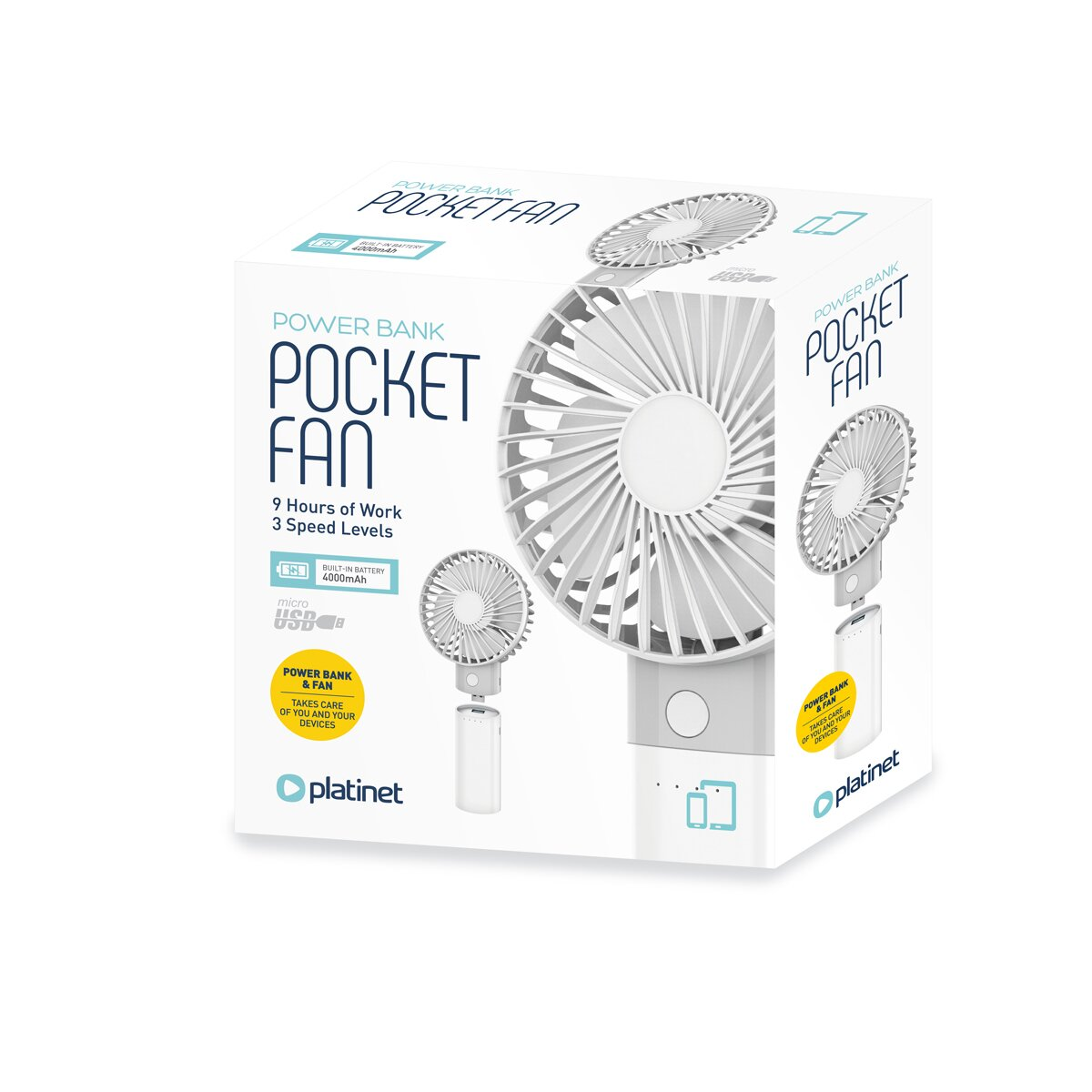 Verpackung eines weißen Taschenventilators mit Powerbank-Funktion.