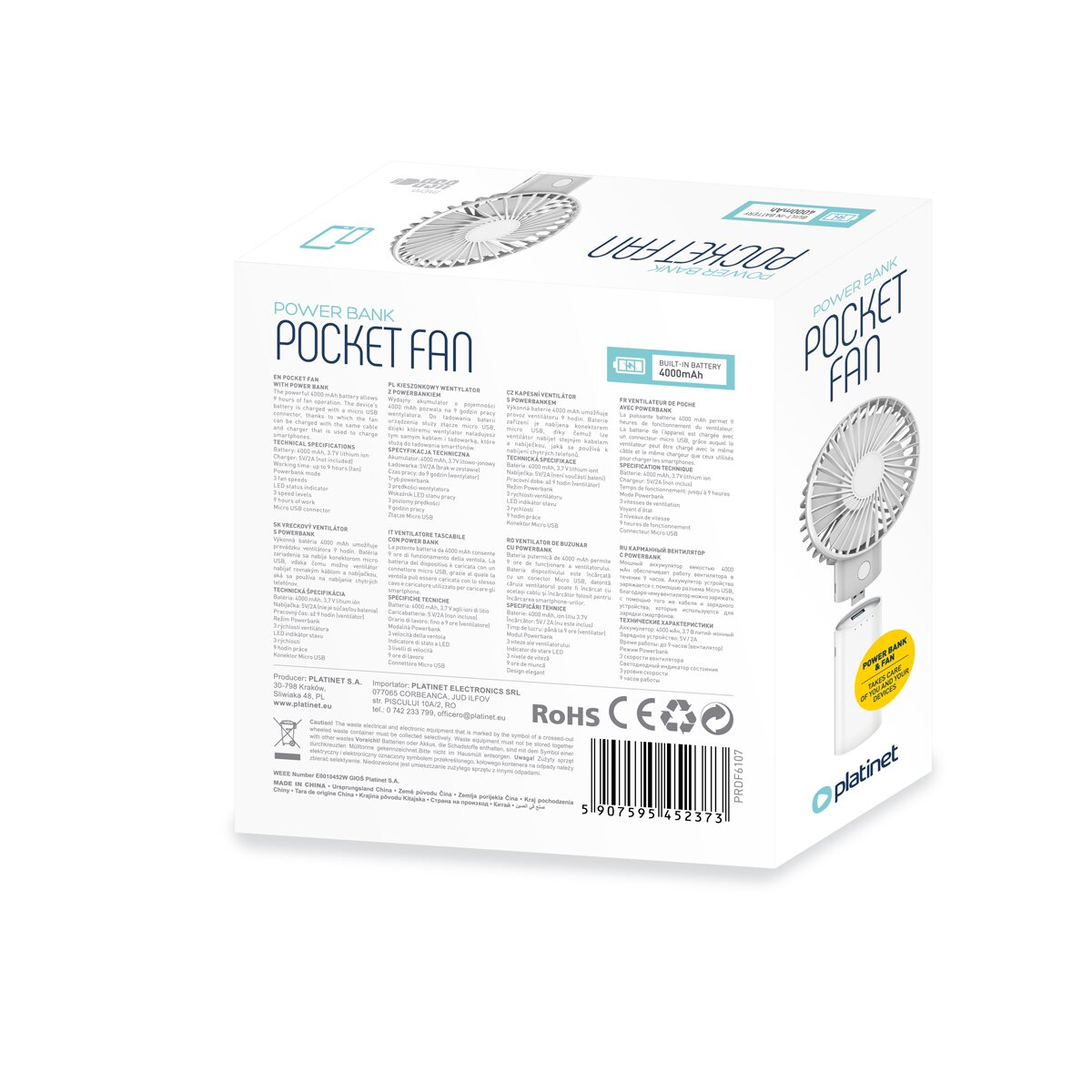 Verpackung eines weißen Powerbanks mit einem kleinen Lüfter und Text.
