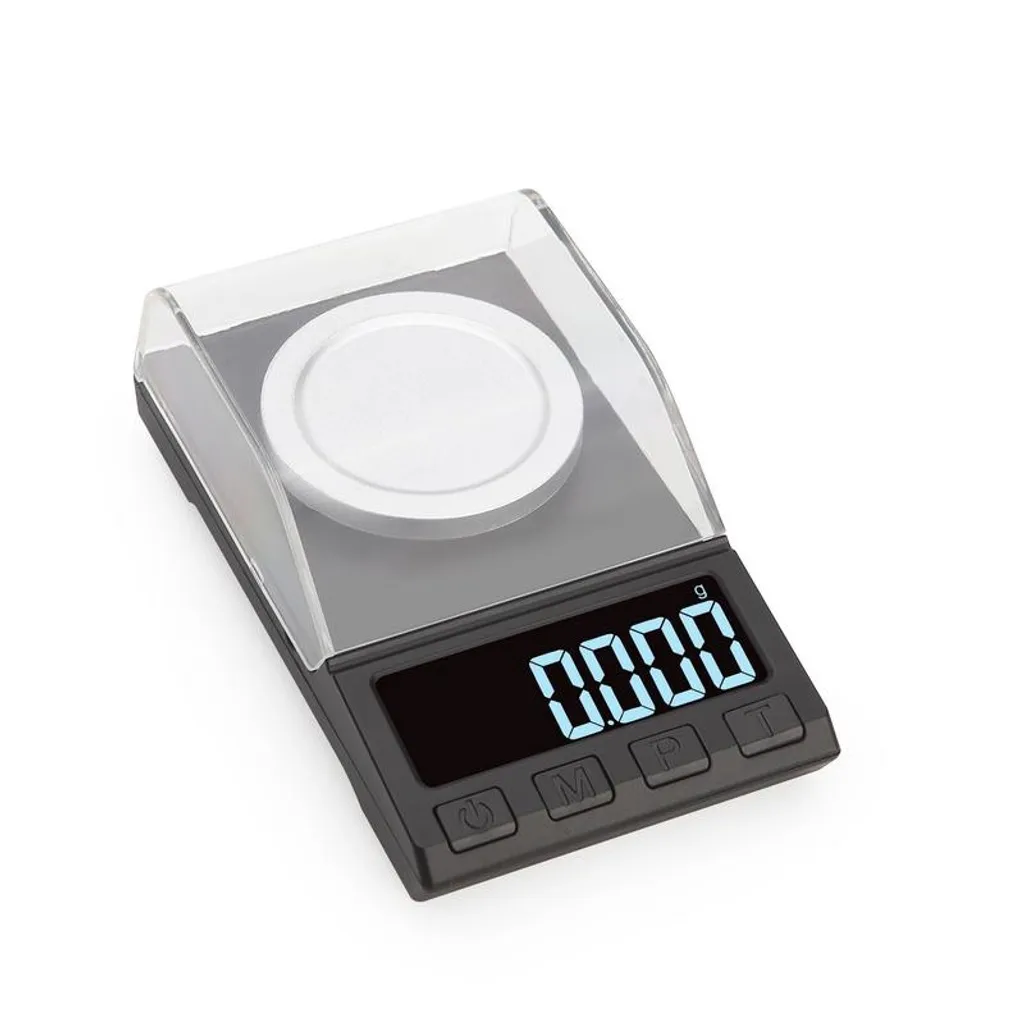Eine schwarze Digitalwaage mit einer durchsichtigen Abdeckung und einem silbernen Wiegeteller.