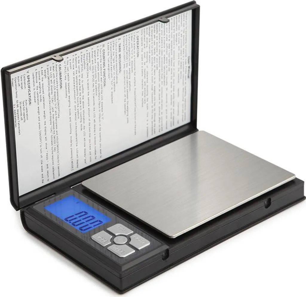 Eine digitale Waage mit blauem LCD-Display und silberner Wiegefläche.