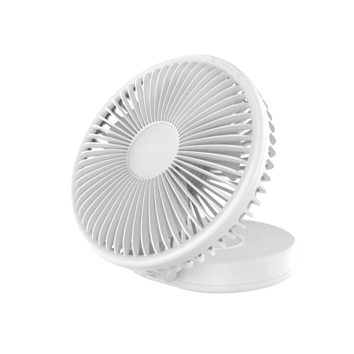 Ein kleiner, weißer Tischventilator mit verstellbarem Kopf steht auf einem Sockel.
