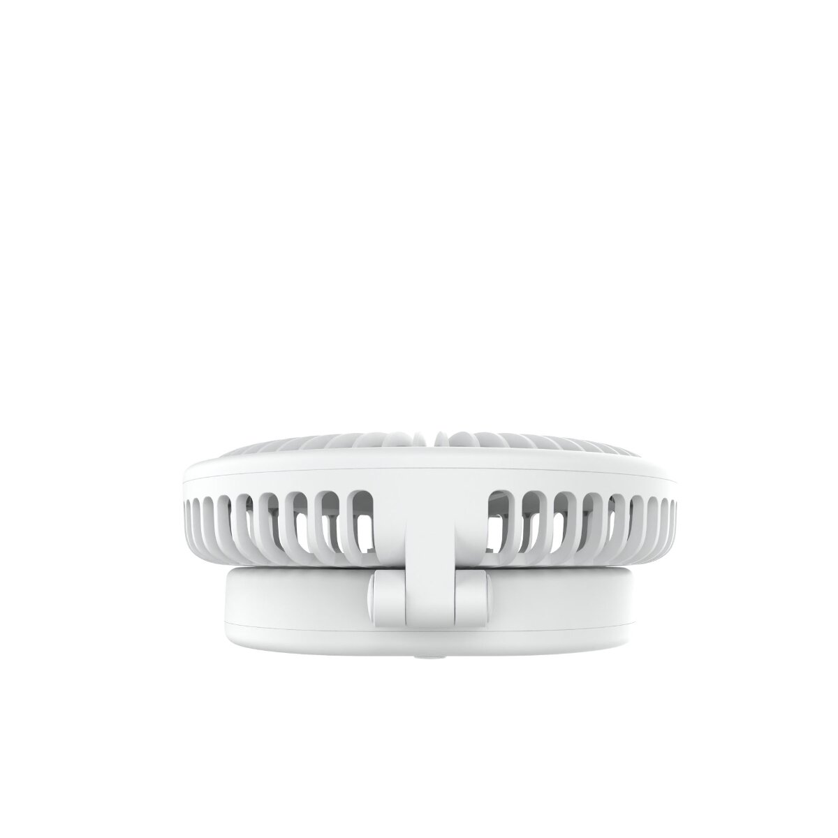Ein weißer, zusammenklappbarer Mini-Ventilator mit Gitter und Scharnieransicht.