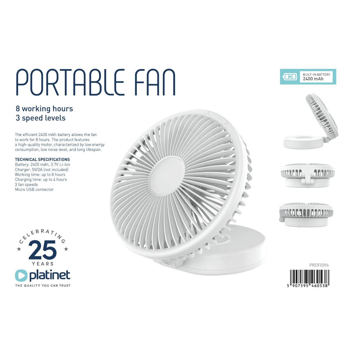 Ein weißer tragbarer Ventilator mit 2400-mAh-Akku, 8 Stunden Laufzeit und 3 Geschwindigkeiten.