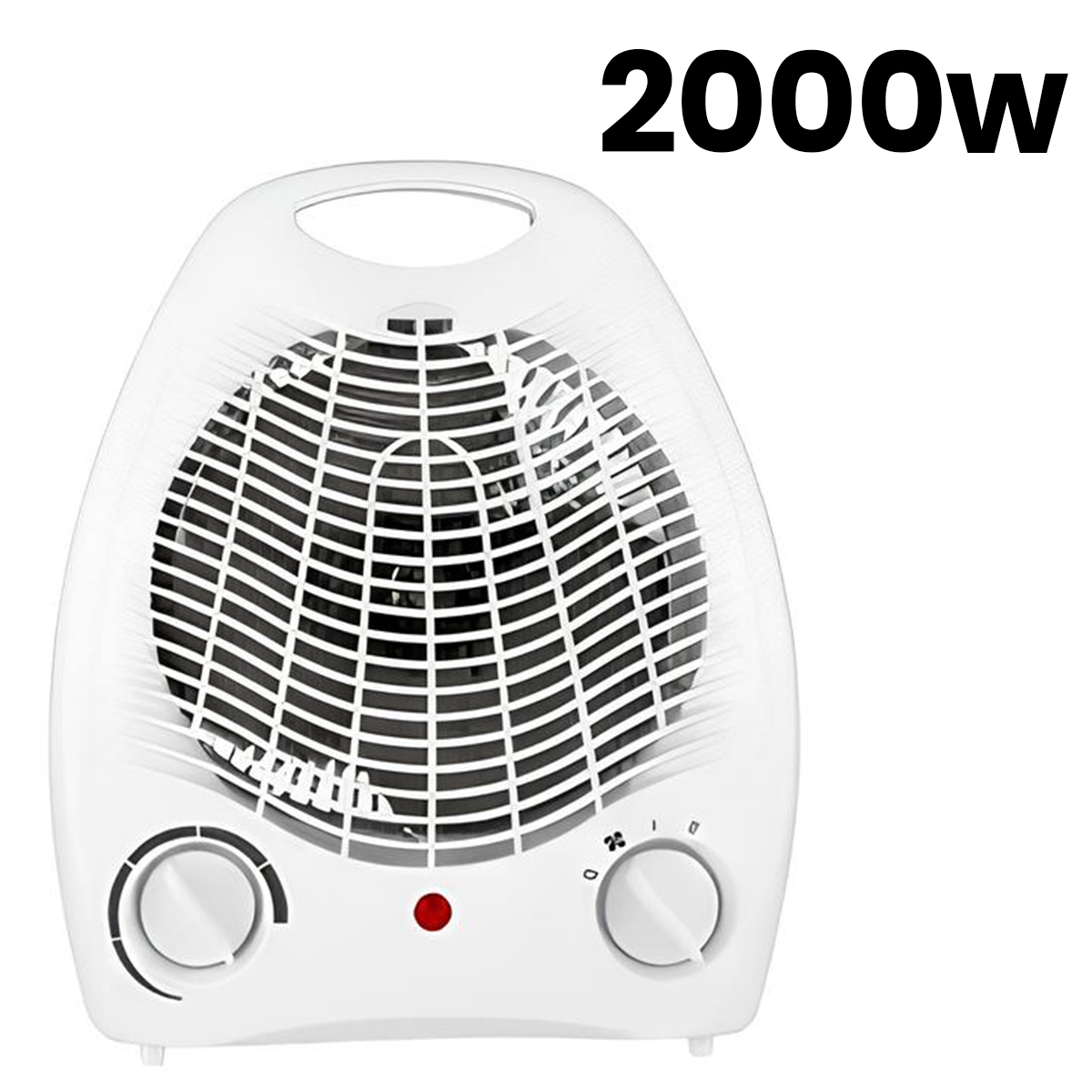 Ein weißer 2000W Heizlüfter mit schwarzem Gitter, roter Kontrollleuchte und zwei Reglern.