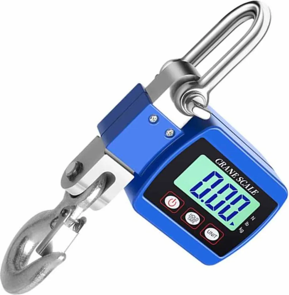 Eine blaue Kranwaage mit Haken und digitaler Anzeige, die 0.00 anzeigt.