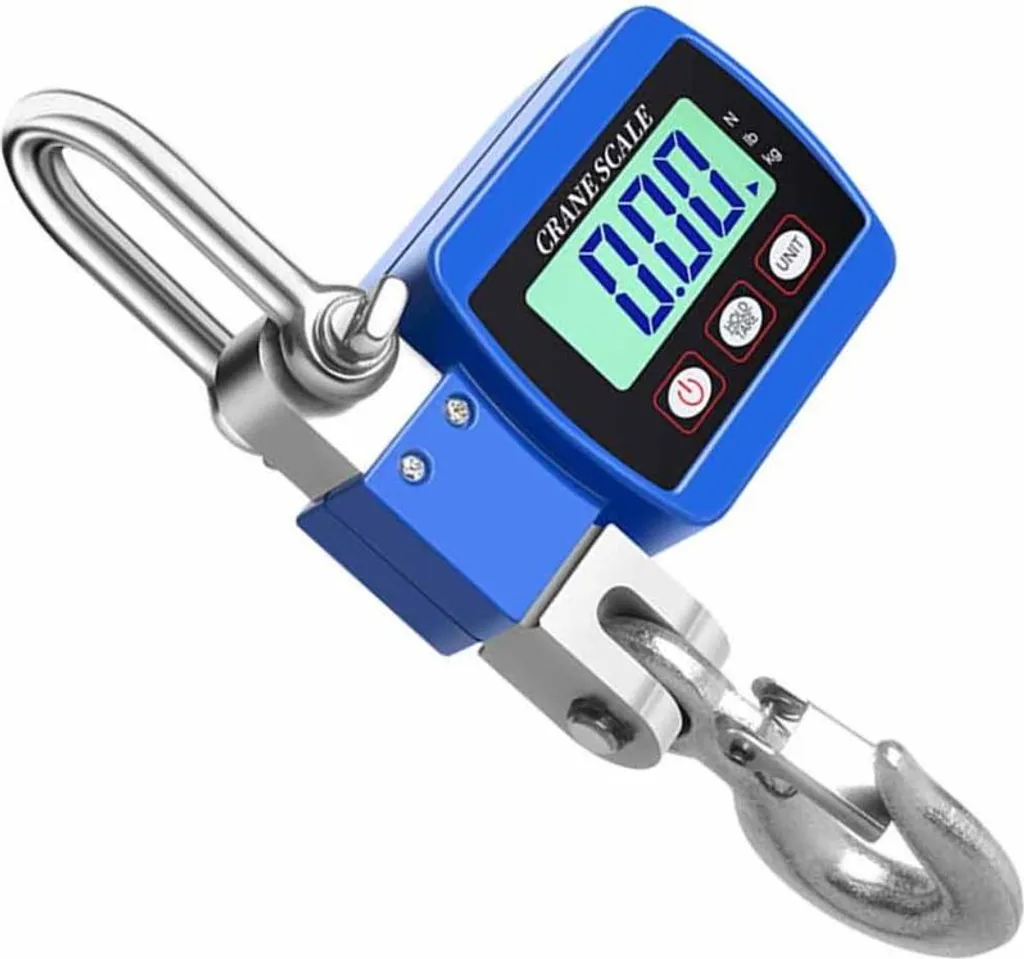 Eine blaue digitale Kranwaage mit Haken und Öse, zeigt 0.00