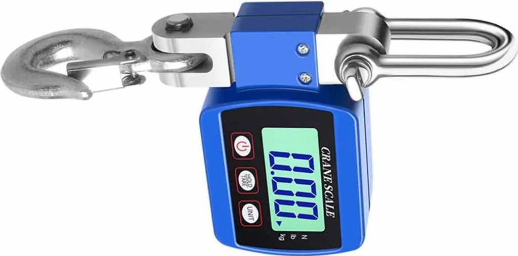 Ein blauer Kranwaage-Haken mit digitaler Anzeige, die 0,00 anzeigt.