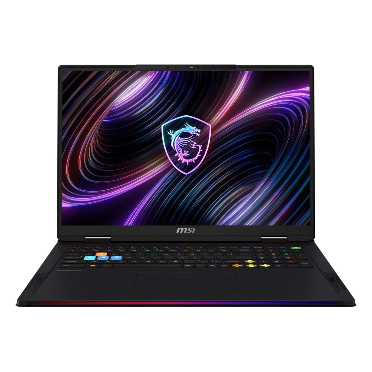 Schwarzer MSI-Laptop mit beleuchteter Tastatur und Drachenlogo auf abstraktem Hintergrund.