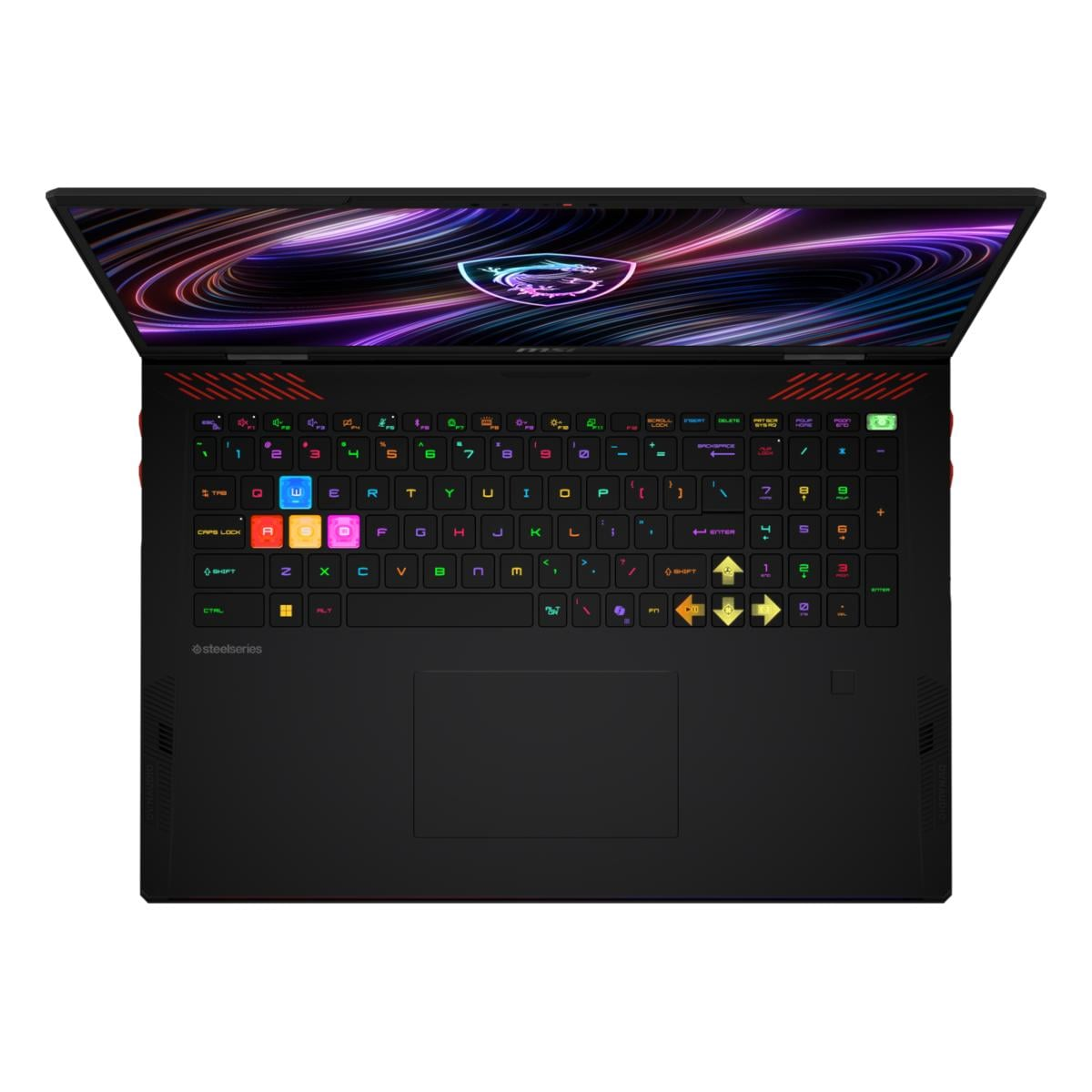 Ein geöffneter schwarzer Laptop mit beleuchteter Tastatur und buntem Bildschirmhintergrund.