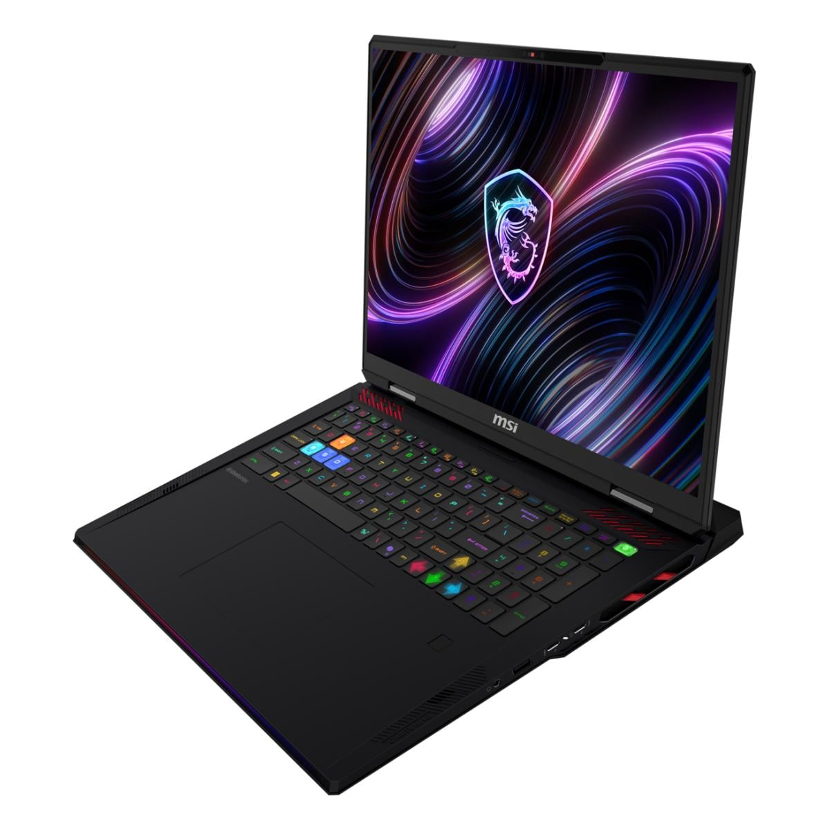 Ein schwarzer MSI-Laptop mit beleuchteter Tastatur und einem Drachenlogo auf dem Bildschirm.