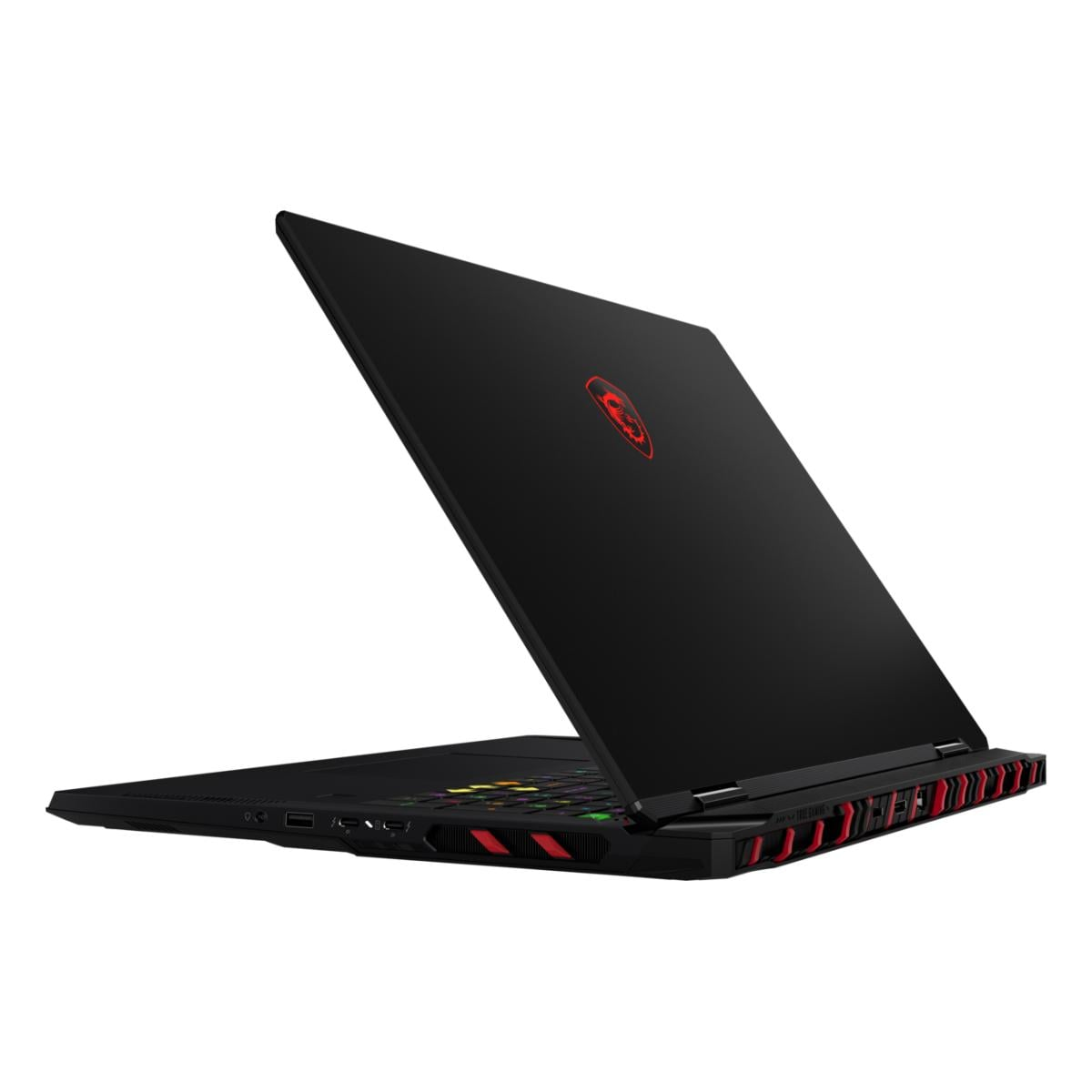 Ein schwarzer MSI Gaming-Laptop mit rotem Drachenlogo, geöffnet und angewinkelt.