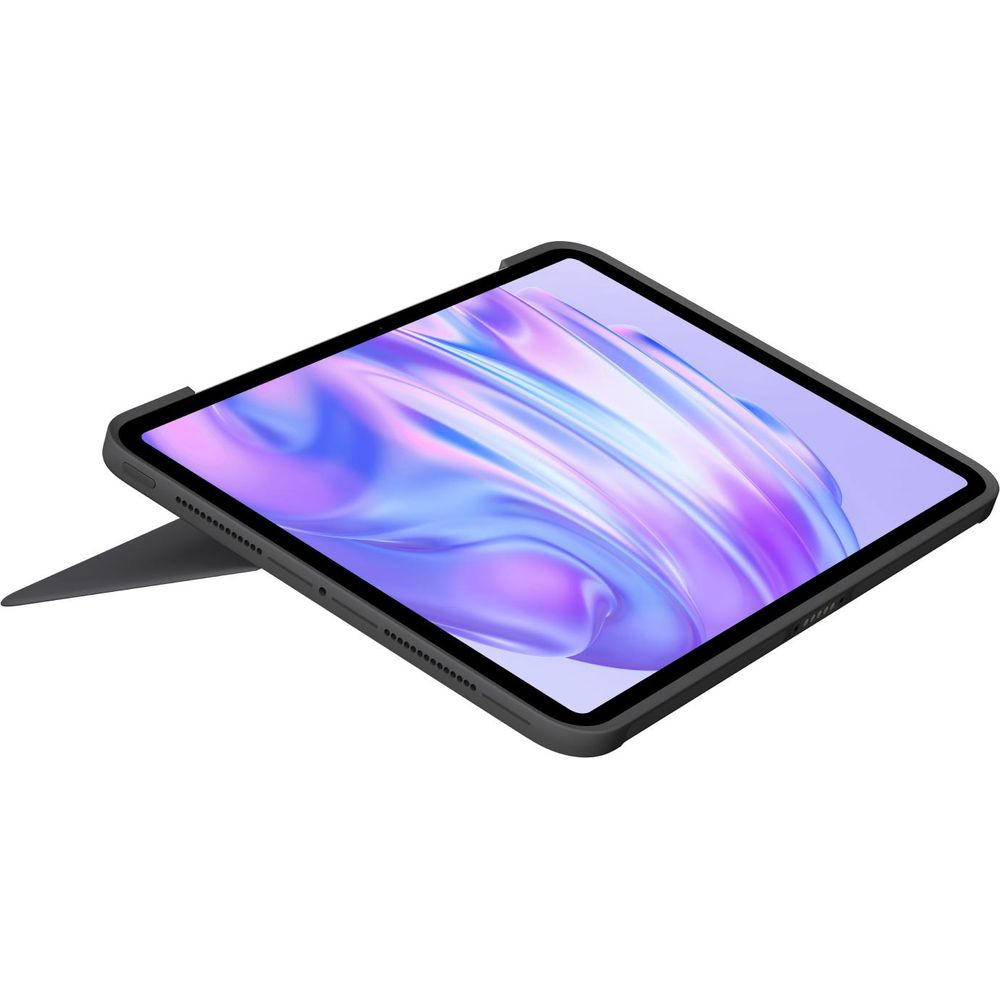 Ein graues Tablet in einer Schutzhülle mit aufgestellter Stütze und abstraktem Hintergrund.