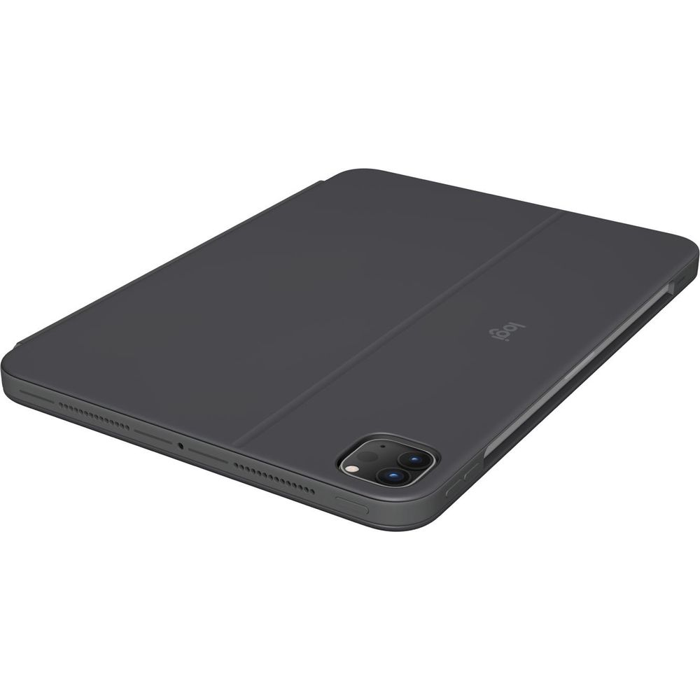 Dunkelgraues Tablet mit Logitech-Logo und Kamera. Weißer Hintergrund.