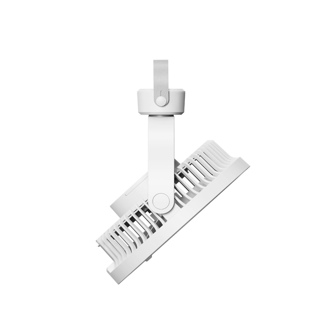 Una ventola da soffitto bianca con alloggiamento rettangolare e lamelle.
