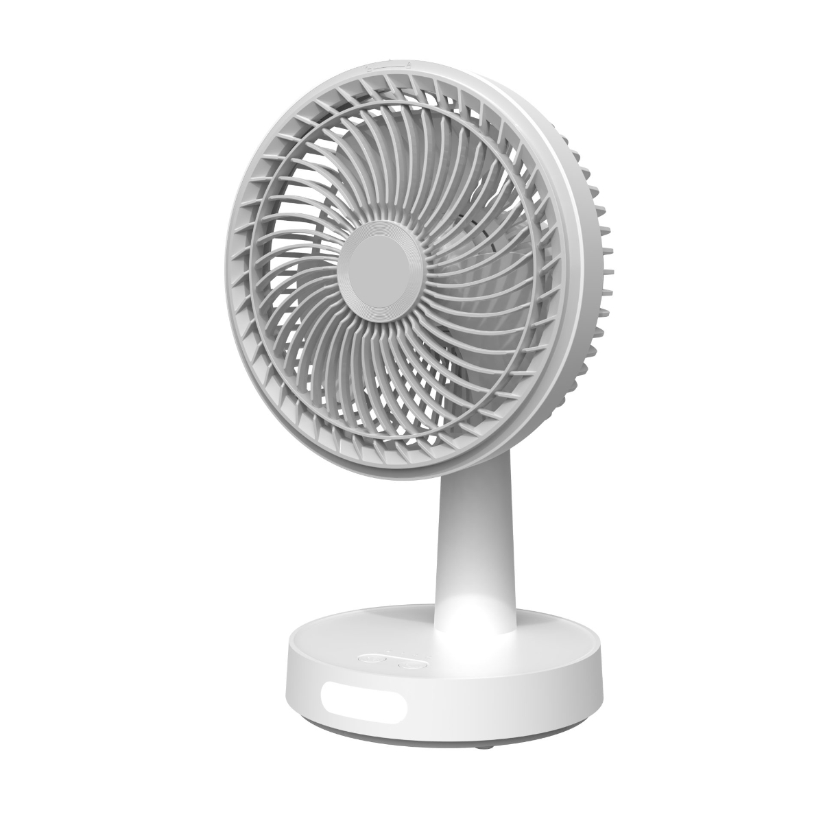 Ein weißer Tischventilator mit rundem Gitter und einem Sockel.