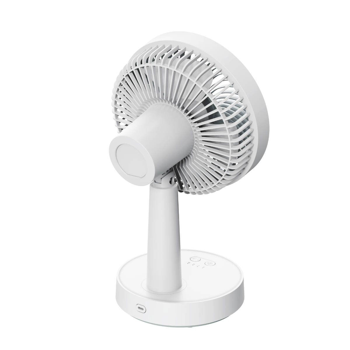 Ein weißer Tischventilator mit verstellbarem Kopf und runder Basis.