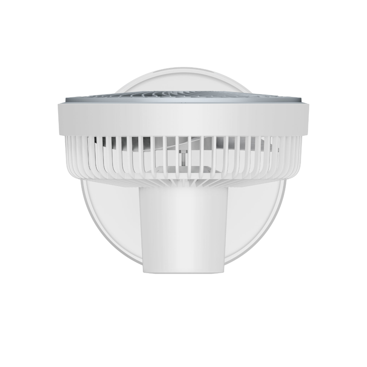 Ein weißer wandmontierter Ventilator mit zylindrischem Körper und rundem Gitter.