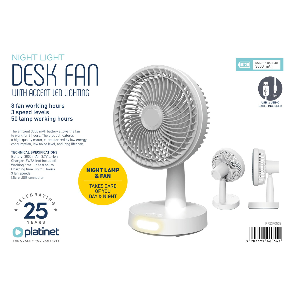 Ein weißer Schreibtischventilator mit LED-Akzentbeleuchtung, 3000-mAh-Akku und USB-C-Kabel.