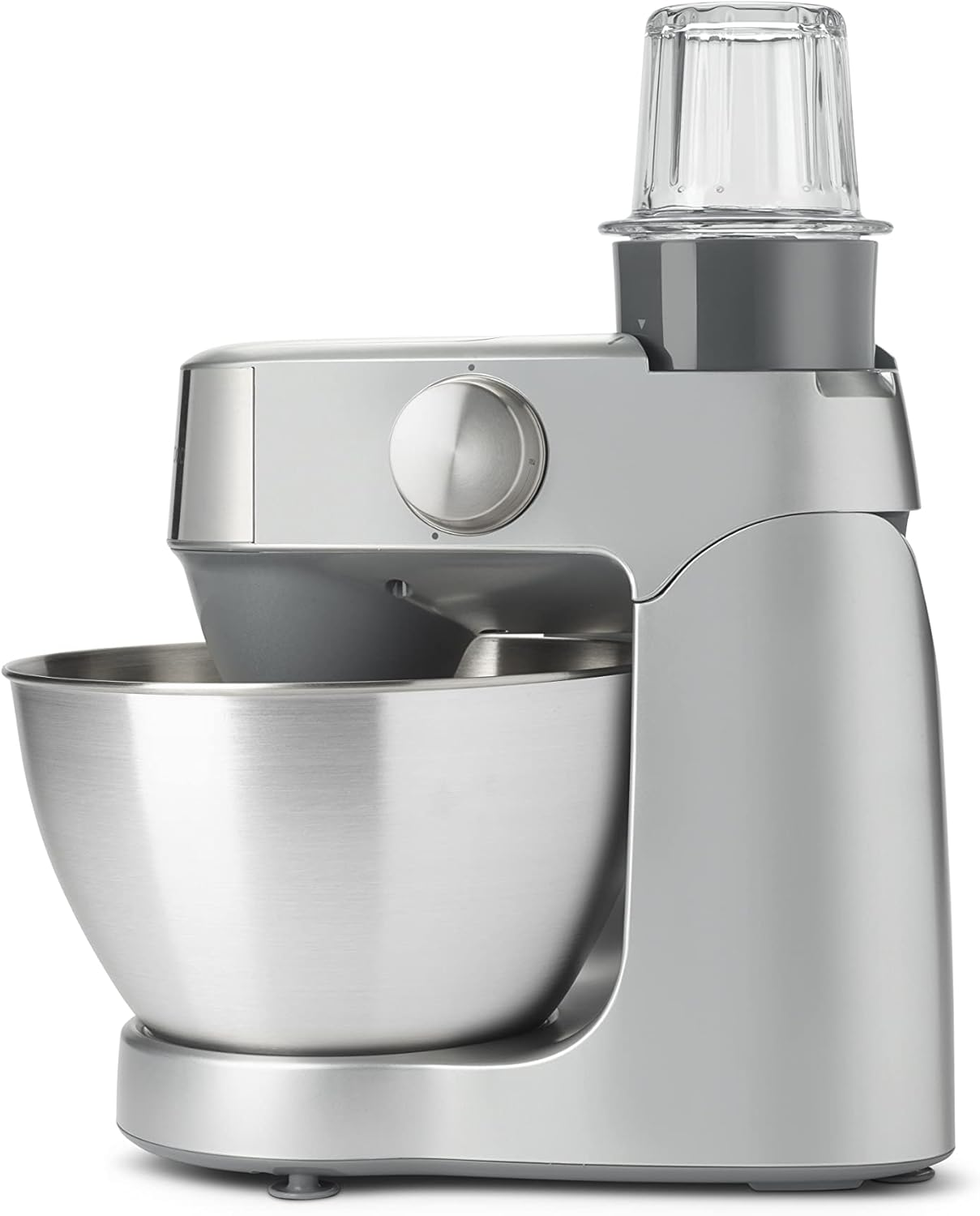 Eine silberne Küchenmaschine mit Metallschüssel und Glasaufsatz.