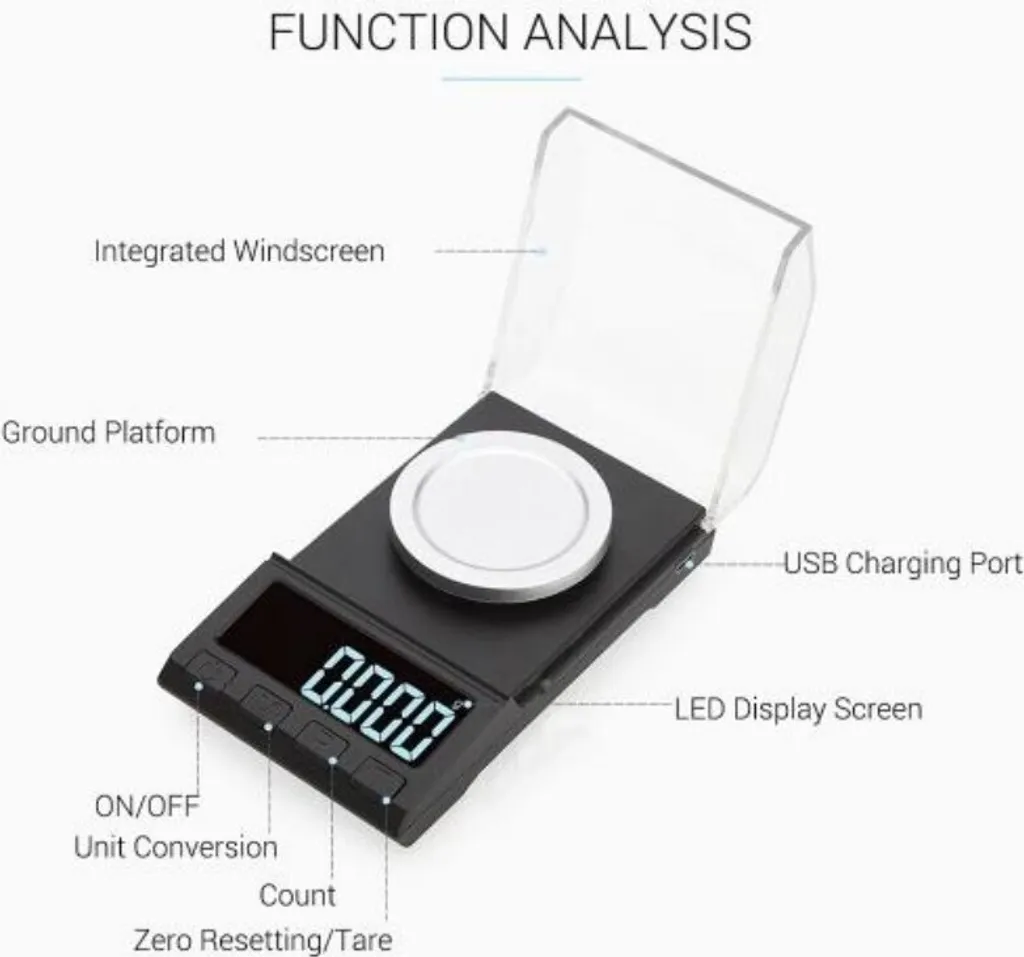 Eine schwarze Digitalwaage mit silberner Wiegeplattform und klarer Abdeckung.