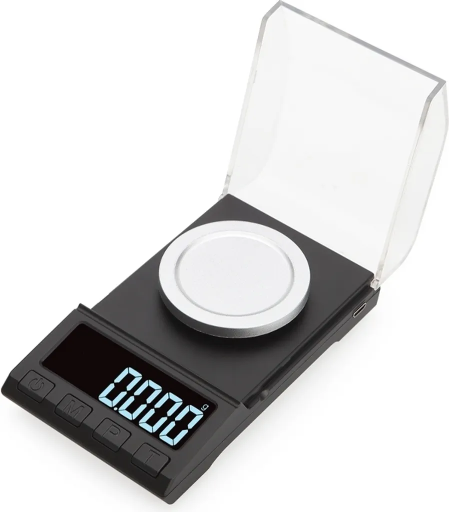 Schwarze Digitalwaage mit geöffneter transparenter Abdeckung und silberner Wiegefläche.