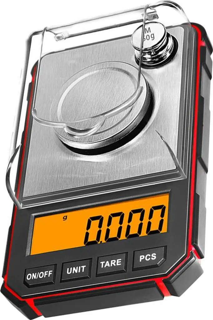 Digitale Waage mit gebürsteter Metallplattform, transparenter Abdeckung und orangefarbenem LCD.