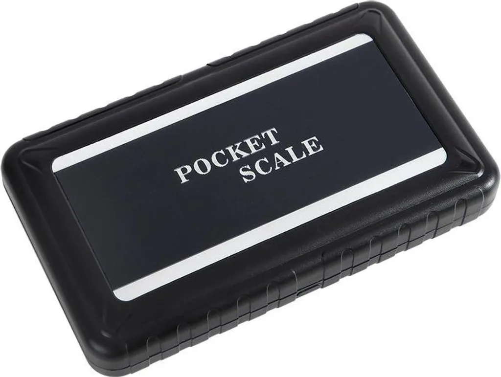 Schwarze digitale Taschenwaage mit silbernem Rahmen und der Aufschrift "POCKET SCALE".
