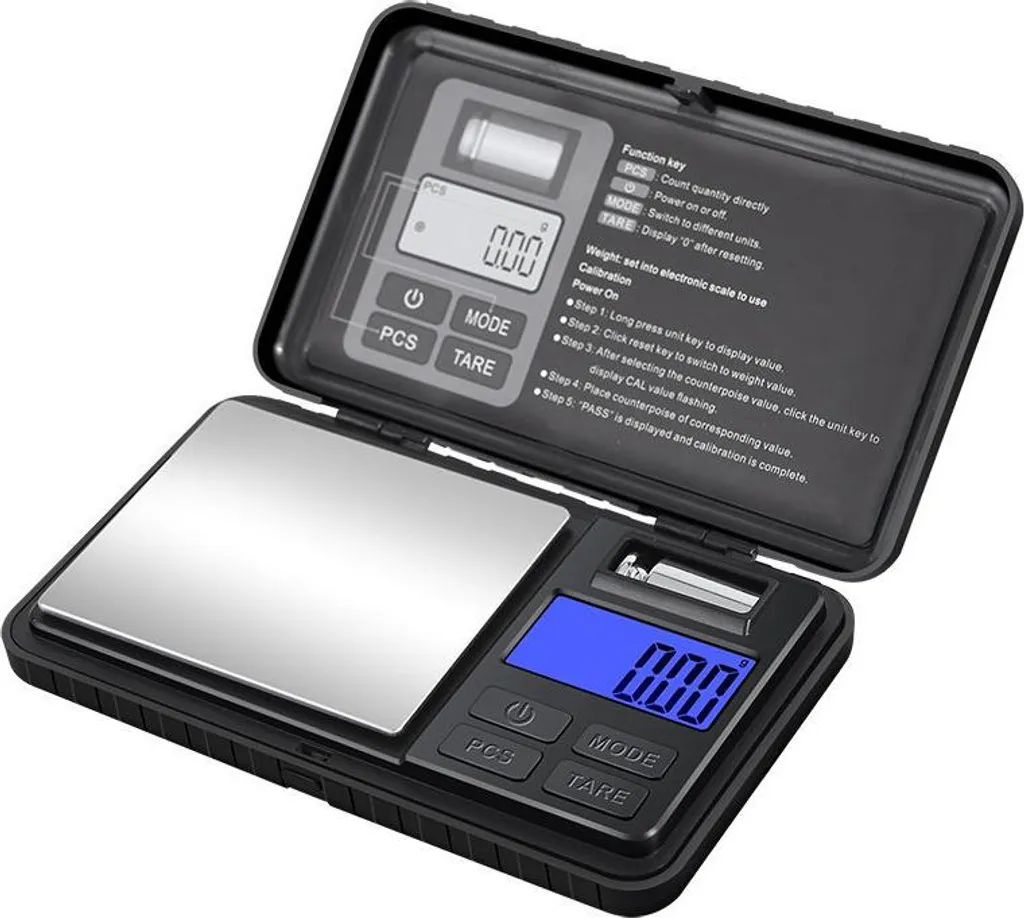 Schwarze digitale Waage mit silberner Wiegefläche, offen, mit Anleitungen.