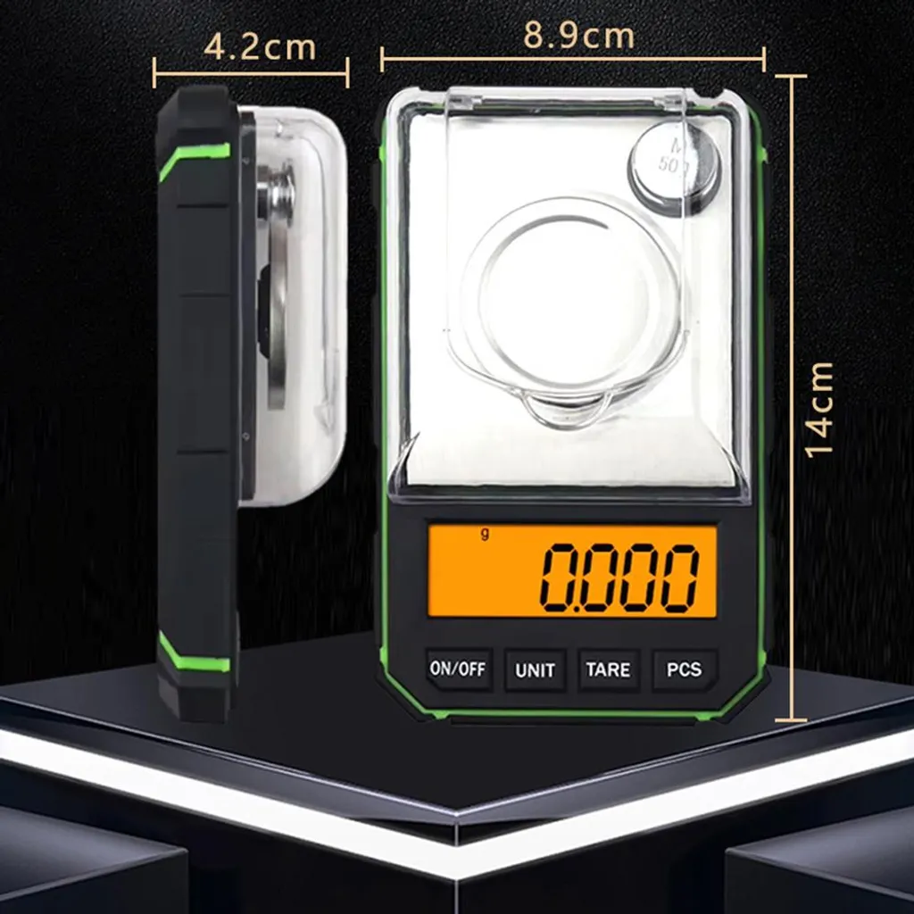 Eine digitale Waage mit grünem Rahmen und LCD-Display, das 0.000 anzeigt.