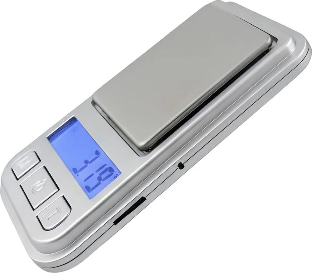 Eine silberne Digitalwaage mit blauem LCD-Display, das 11.18 anzeigt.