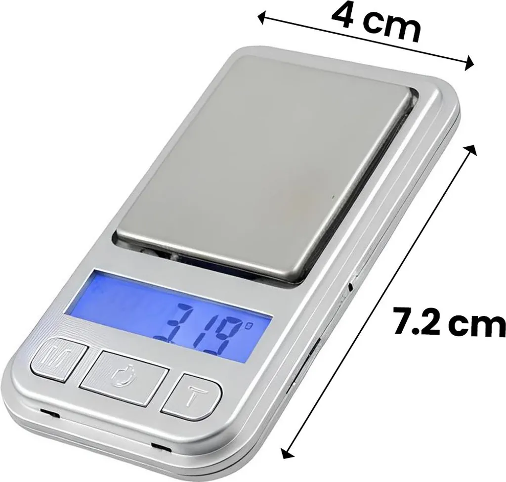 Eine silberne Digitalwaage, 7,2 cm lang und 4 cm breit, zeigt 3,19 g.